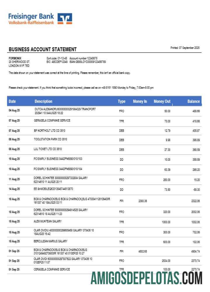 Extrato comercial da conta bancária Freisinger em formato Word e PDF